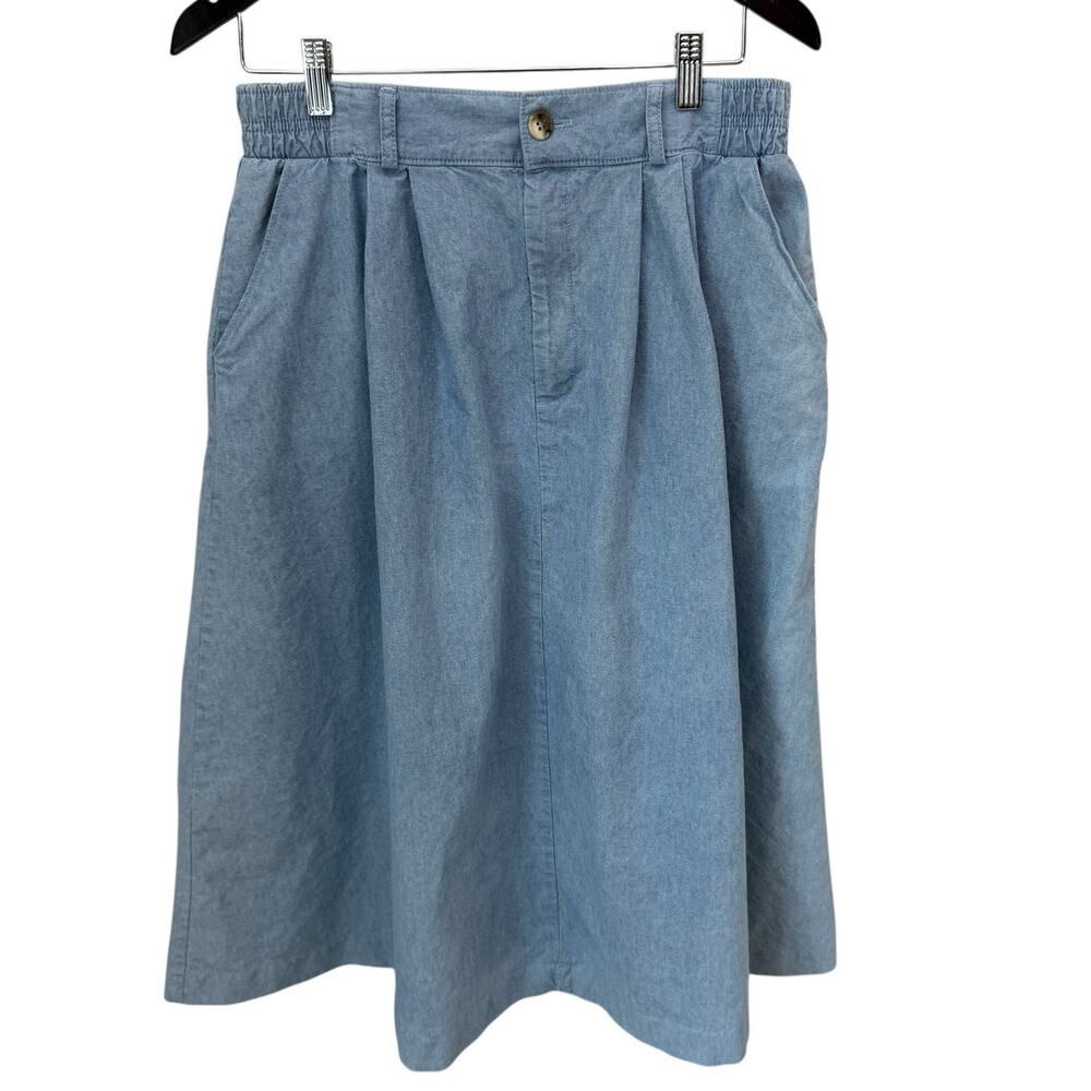 ORVIS Denim Skirt Womens 14P Light Blue Wash Vintage 90s Midi 100% Cotton
